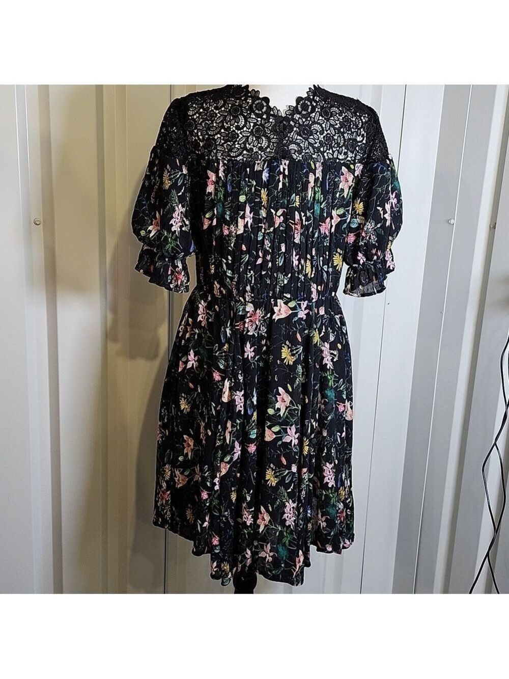 The Kooples Black Floral Midi Dress Lace Inset Top Size Medium Puff Sleeves - Picture 3 of 10